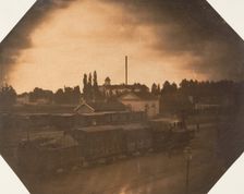 Station de Malines, Epreuve instantanée au passage d'un train au soleil couchant, 1854-56. Creator: Louis-Pierre-Théophile Dubois de Nehaut