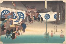 Station Forty-Eight: Seki, Early Departure from the Headquarters Inn, from the Fift..., ca. 1833-34. Creator: Ando Hiroshige