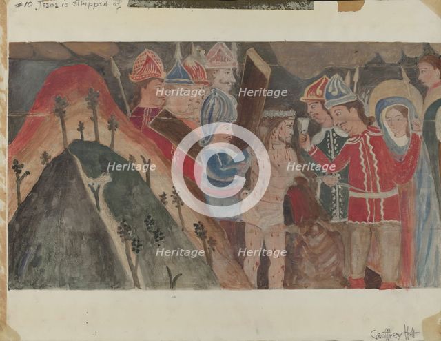 Station of the Cross No. 10: "Jesus is Stripped of His Garments", c. 1936. Creator: Geoffrey Holt.