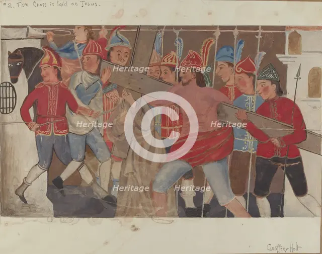 Station of the Cross No. 2: "The Cross is Laid on Jesus, c. 1936. Creator: Geoffrey Holt.