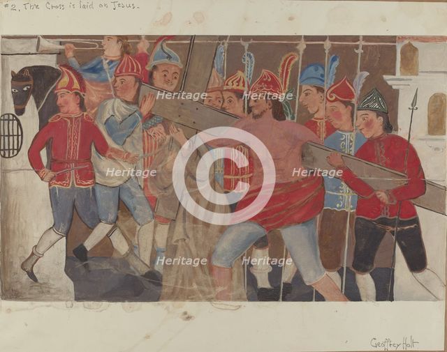 Station of the Cross No. 2: "The Cross is Laid on Jesus, c. 1936. Creator: Geoffrey Holt.