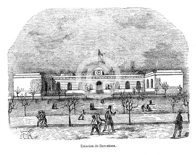 Station of Barcelona of the railway line of Mataró in 1849, vintage engraving.