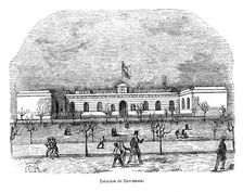Station of Barcelona of the railway line of Mataró in 1849, vintage engraving