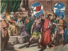 Stations of the Cross. First station. Jesus condemned to death. Drawing by Pascual. Barsal Editio…