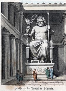 Statue of Olympian Jupiter in a Greek temple. Coloured engraving, 1865