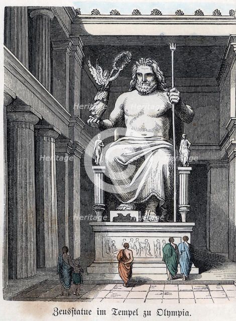 Statue of Olympian Jupiter in a Greek temple. Coloured engraving, 1865.