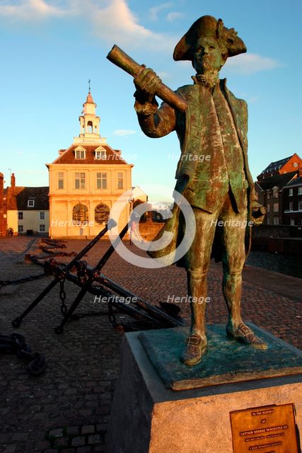 Statue of Captain Vancouver at dusk on the Purfleet Quay, King's Lynn, Norfolk. Creator: Peter Thompson.