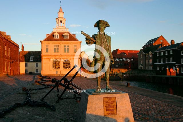 Statue of Captain Vancouver at dusk on the Purfleet Quay, King's Lynn, Norfolk. Creator: Peter Thompson.