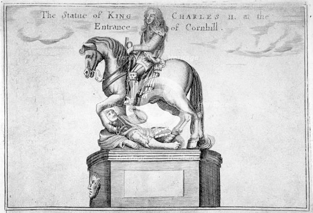 Statue of Charles II at the entrance of Cornhill in the Stocks Market, Poultry, London, 1740. Artist: Anon