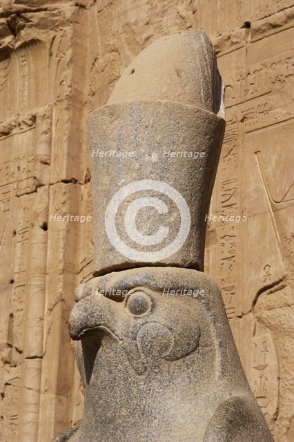 Statue of God Horus wearing the double crown..., Temple of Edfu, Egypt, Ptolemaic period, (2003).  Creator: LTL.