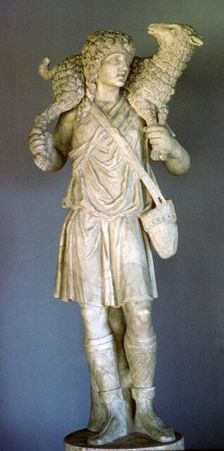 Statue of Jesus as the good shepherd, early Christian Catacombs, Rome, Italy