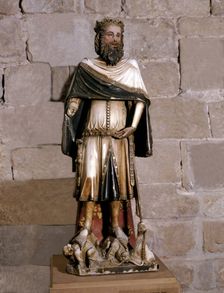 Statue of King or St. Charlemagne, sculpture in polychromed alabaster, c. 1350