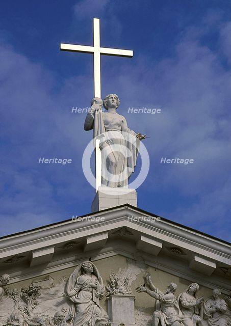 Statue of Saint Helena holding the cross, Cathedral of Vilnius (1777), Lithuania (2002).  Creator: LTL.