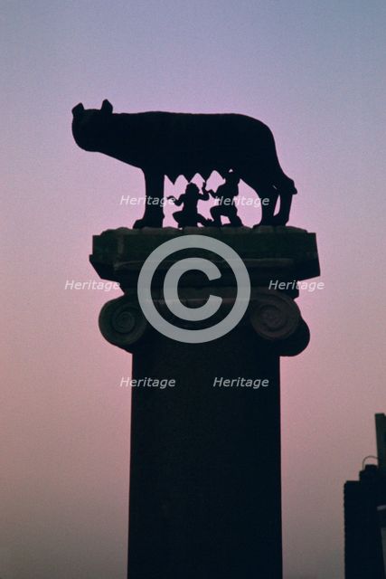 Statue of the wolf suckling Romulus and Remus. Artist: Unknown