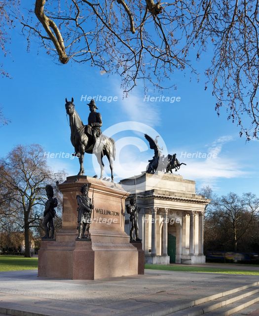 Statue of the Duke of Wellington and the Wellington Arch, London, c2015. Artist: James O Davies.