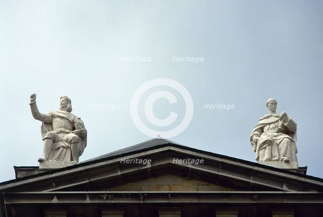 Statues of Francisco de Quevedo and Pedro Calderon de la Barca, Asturias, Spain, 2003. Creator: LTL.