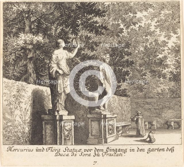 Statues of Mercury and Flora, Gardens of Duke di Sora, Frascati, 1681. Creator: Melchior Küsel.