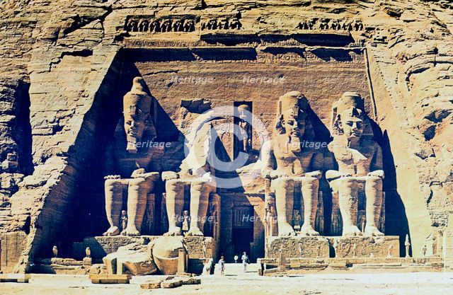 Statues of Rameses II outside the entrance to the main temple at Abu Simbel, Egypt, 13th Century BC. Artist: Unknown