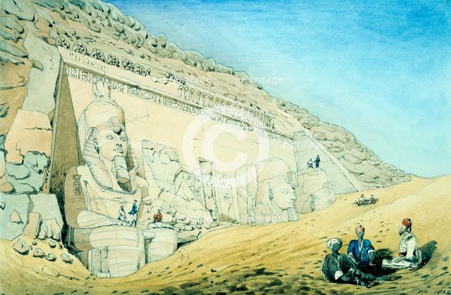 Statues of Rameses II outside the entrance to the main temple at Abu Simbel, Egypt, 13th Century BC. Artist: Frederick Catherwood