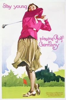 Stay young, playing golf in Germany, railway poster, c1930