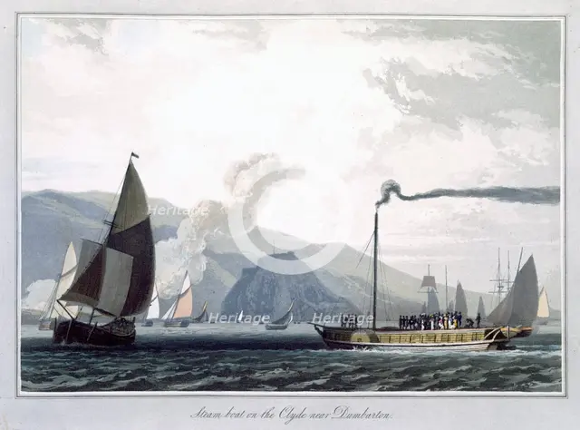 'Steam boat on the Clyde near Dumbarton', Scotland, 1829. Creator: William Daniell.