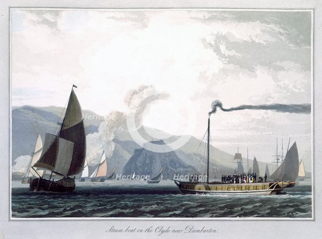 'Steam boat on the Clyde near Dumbarton', Scotland, 1829. Creator: William Daniell.