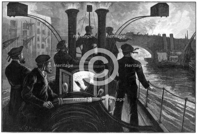 Steam fire-engine going to a riverside fire, London fire brigade, 1890.Artist: WB Murray