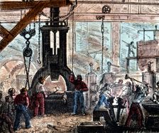 Steam hammer being used in an ironworks, France, 1867. Creator: Unknown