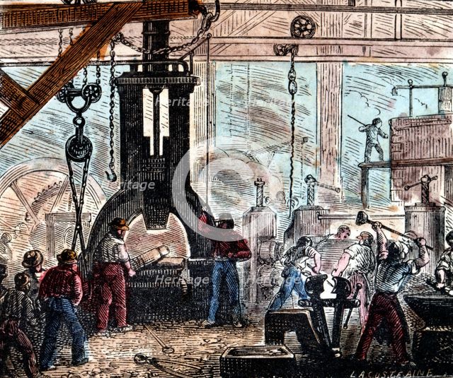 Steam hammer being used in an ironworks, France, 1867. Creator: Unknown.