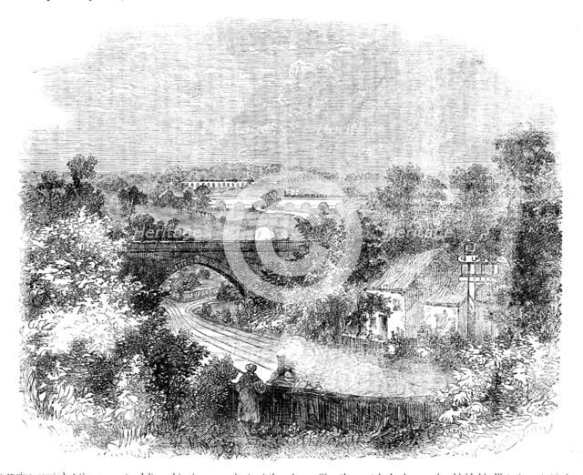 Steam locomotive approaching a bridge, 1858. Creator: Unknown.