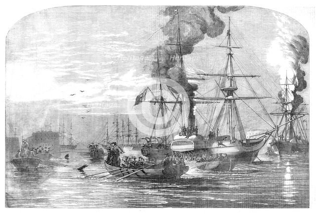 Steam-ships of the Allied Fleet searching for Infernal Machines off Cronstadt..., 1854. Creator: Unknown.
