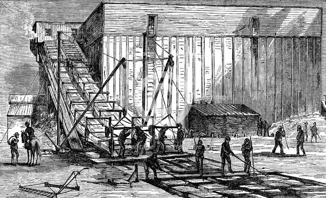 Steam-powered ice elevator, Hudson River near New York, USA, 1875. Artist: Unknown
