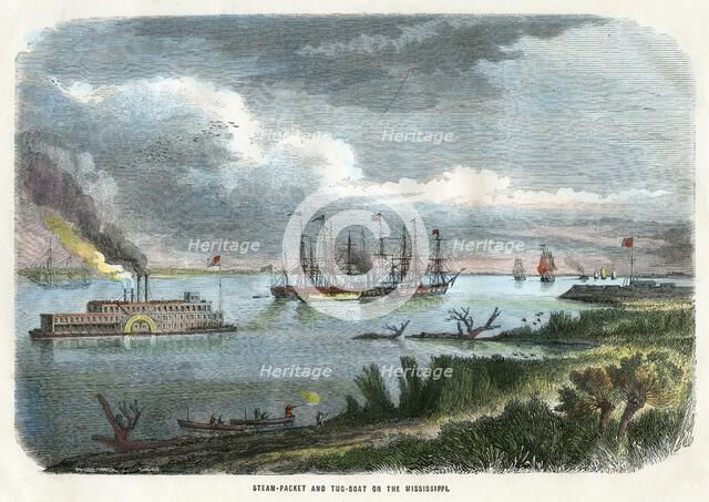 'Steam-packet and tug-boat on the Mississippi', USA, c1875. Artist: Unknown