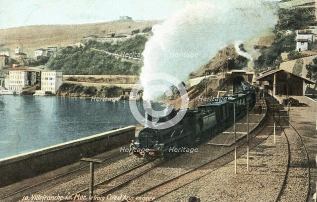 Steam Train in the Villefranche sur Mer station on the French Riviera, 1910.