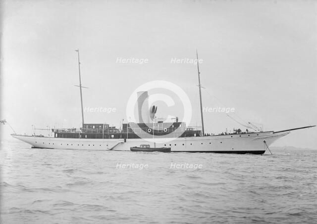 Steam yacht 'Miranda' at anchor, 1910. Creator: Kirk & Sons of Cowes.