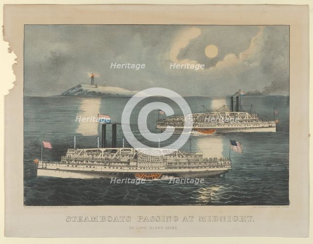 Steamboats Passing at Midnight - On Long Island Sound, 1872-74., 1872-74. Creators: Nathaniel Currier, James Merritt Ives, Currier and Ives.