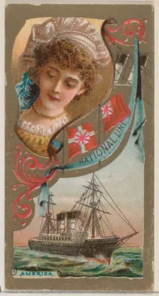 Steamship America, National Line, from the Ocean and River Steamers series (N83) for Duke ..., 1887. Creator: Unknown