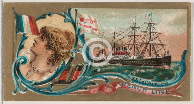 Steamship La Champagne, French Line, from the Ocean and River Steamers series (N83) for Du..., 1887. Creator: Unknown.
