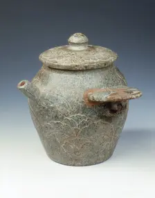 Steatite ewer and cover with cabbage-like foliage in low relief, Late Tang dynasty, 9th century. Creator: Unknown