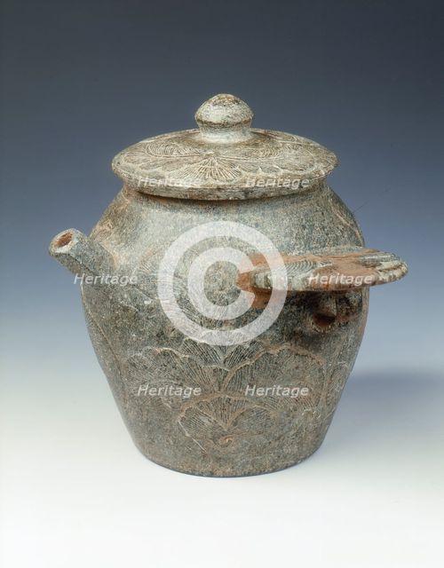 Steatite ewer and cover with cabbage-like foliage in low relief, Late Tang dynasty, 9th century. Artist: Unknown