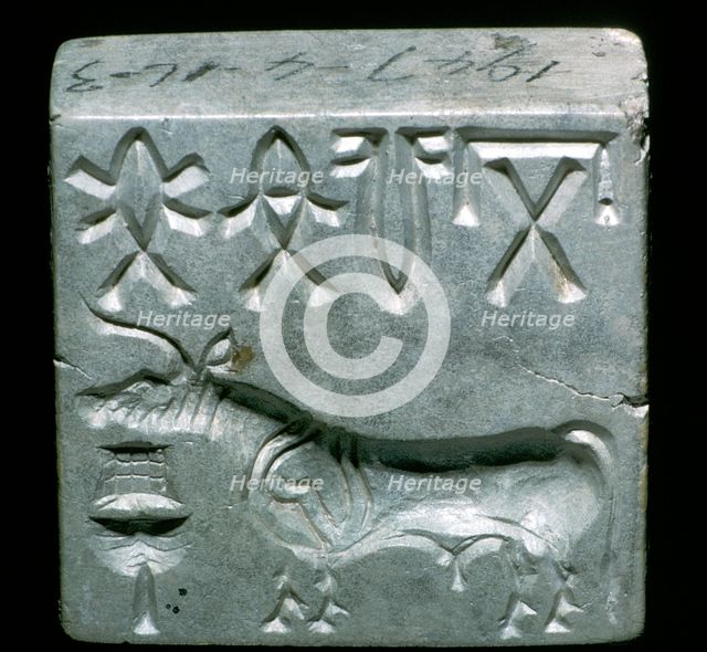 Steatite seal with Bull, Indus Valley, Mohenjo-Daro, 2500 - 2000 BC. Artist: Unknown