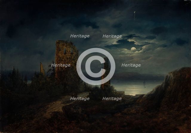 Stegeborg Castle ruins by moonlight, 1851-1853. Creator: Lars Theodor Billing.