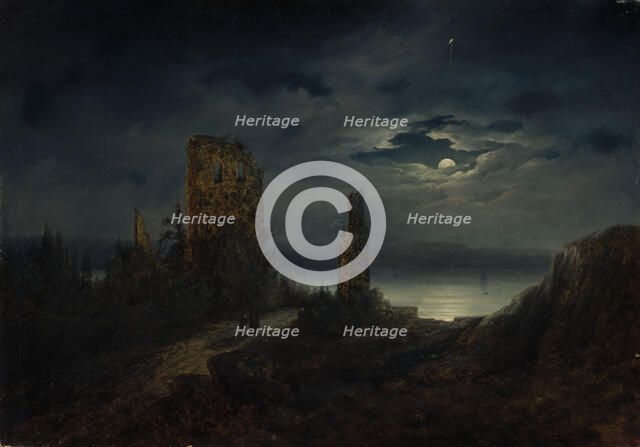 Stegeborg Castle ruins by moonlight, 1851-1853. Creator: Lars Theodor Billing.