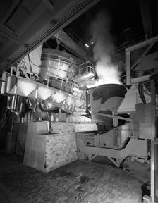 Steel pour from an electric arc furnace, Park Gate Iron & Steel Co, Rotherham, Yorkshire, 1964. Creator: Michael Walters