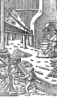 Steel production: a forge with bellows to produce draught, 1556