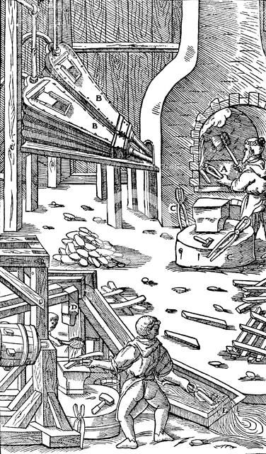 Steel production: a forge with bellows to produce draught, 1556. Artist: Unknown