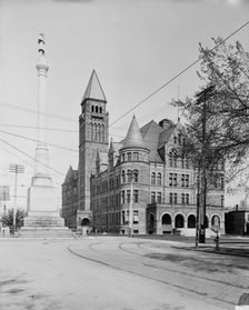 Steele High School and Soldiers Monument, Dayton, O[hio], between 1900 and 1906. Creator: Unknown