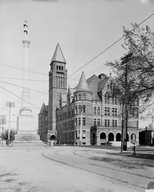 Steele High School and Soldiers Monument, Dayton, O[hio], between 1900 and 1906. Creator: Unknown