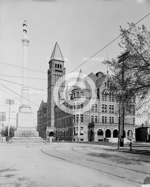 Steele High School and Soldiers' Monument, Dayton, O[hio], between 1900 and 1906. Creator: Unknown.