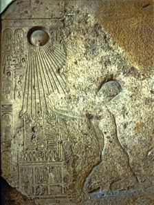 Stela depicting Akhenaten, Nefertiti and their daughters adoring Aton, made in limestone